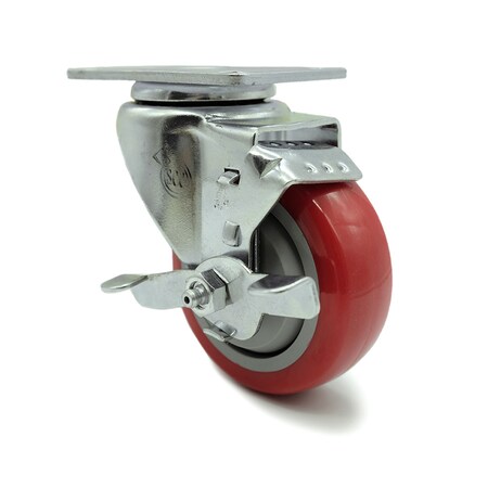 Service Caster 3.5 Inch Red Polyurethane Wheel Swivel Top Plate Caster with Brake SCC SCC-20S3514-PPUB-RED-TLB
